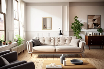 Fototapeta premium View inside large modern luxury attic loft apartment living room interior with comfortable sofa, plants, wooden furniture, Abstract painting on white wall Created with Generative AI Tools