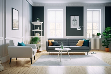 Fototapeta premium View inside large modern luxury attic loft apartment living room interior with comfortable sofa, plants, wooden furniture, Abstract painting on white wall Created with Generative AI Tools