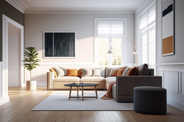 Naklejka na ściany i meble View inside large modern luxury attic loft apartment living room interior with comfortable sofa, plants, wooden furniture, Abstract painting on white wall Created with Generative AI Tools