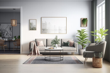 Fototapeta premium View inside large modern luxury attic loft apartment living room interior with comfortable sofa, plants, wooden furniture, Abstract painting on white wall Created with Generative AI Tools