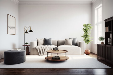 View inside large modern luxury attic loft apartment living room interior with comfortable sofa, plants, wooden furniture, Abstract painting on white wall Created with Generative AI Tools