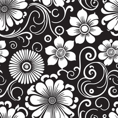 seamless pattern with flowers. seamless floral pattern. Vintage wallpaper with blooming roses and leaves. Floral seamless pattern. Decorative branch of flowers. Black silhouette on white background