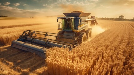 Modern harvester working in a wheat field