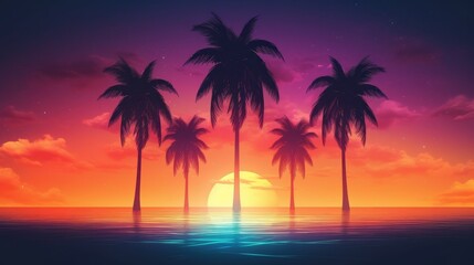 Neon Palm Tree. Night landscape with palm tree