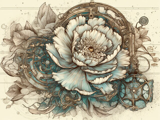  peony, old , background, generative, ai, steampunk style, vintage, watch