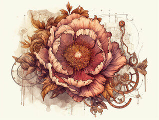 Pink, peony, old , background, generative, ai, steampunk style, vintage, watch