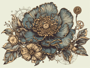  peony, old , background, generative, ai, steampunk style, vintage, watch