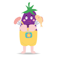 Cute eggplant with food in hand on white background flat vector illustration.