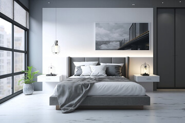 Fototapeta na wymiar Luxury master bedroom interior with a big large comfortable bed, modern light bedroom with wooden furniture, elegant room interior, stylish bedroom at a residence Created with Generative AI Tools