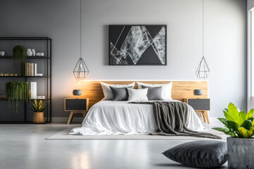 Luxury master bedroom interior with a big large comfortable bed, modern light bedroom with wooden furniture, elegant room interior, stylish bedroom at a residence Created with Generative AI Tools