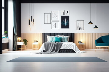 Luxury master bedroom interior with a big large comfortable bed, modern light bedroom with wooden furniture, elegant room interior, stylish bedroom at a residence Created with Generative AI Tools