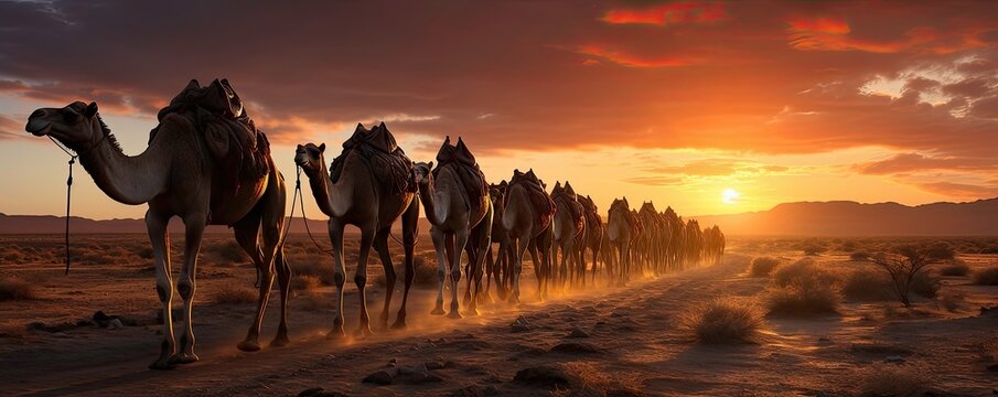 sunset in the desert with a log row of camels