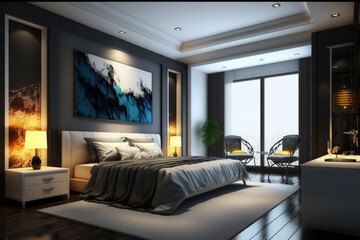 Fototapeta premium Luxury master bedroom interior with a big large comfortable bed, modern light bedroom with wooden furniture, elegant room interior, stylish bedroom at a residence Created with Generative AI Tools