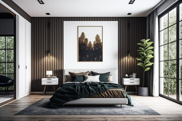 Luxury master bedroom interior with a big large comfortable bed, modern light bedroom with wooden furniture, elegant room interior, stylish bedroom at a residence Created with Generative AI Tools