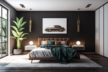 Luxury master bedroom interior with a big large comfortable bed, modern light bedroom with wooden furniture, elegant room interior, stylish bedroom at a residence Created with Generative AI Tools