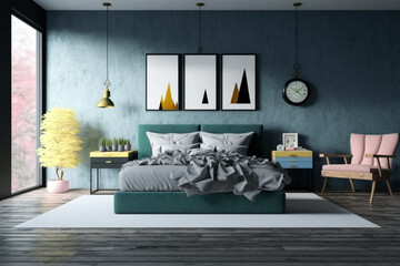 Luxury master bedroom interior with a big large comfortable bed, modern light bedroom with wooden furniture, elegant room interior, stylish bedroom at a residence Created with Generative AI Tools