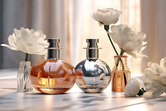 perfume woman glass bottle scent fragrance table cosmetic smell flower aroma. Generative AI.
