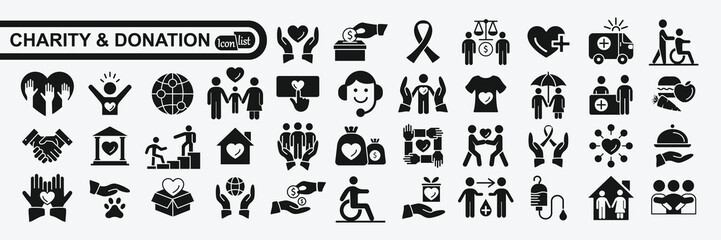 Charity and Donation icon set. Help, volunteer, donated, assistance, sharing and solidarity symbol. Solid icons vector collection.