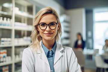 Kompetente junge Apothekerin mit Brille im weißen Kittel.  Im Hintergrund Regale, gefüllt mit Medikamenten und Apothekenzubehör. Generative AI