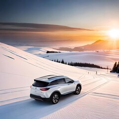 Obraz na płótnie Canvas SUV car on the snow-covered mountains at sunset. Car travel concept.. Ai generated