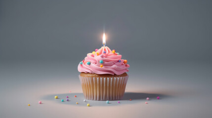 Naklejka na ściany i meble birthday cupcake with candle HD 8K wallpaper Stock Photographic Image