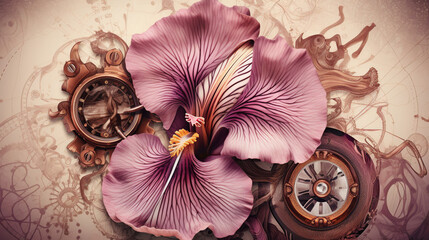 floral, vintage background, flover, products, enginer, generative, ai, steampunk,  clockwork, brooch