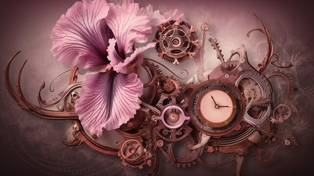 floral, vintage background, flover, products, enginer, generative, ai, steampunk,  clockwork, brooch