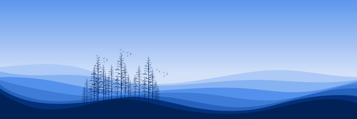 nature tree silhouette mountain landscape sunset sky vector illustration good for wallpaper, backdrop, background, web banner, and design template