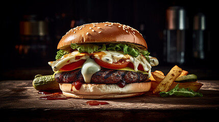 hamburger on a wooden background HD 8K wallpaper Stock Photographic Image