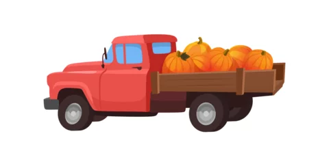Tuinposter An old pickup truck with pumpkin harvest isolated on white background. A cartoon style vintage farm car illustration for pumpkin patch holiday design. Lorry icon for Thanksgiving or Halloween. © Microstocker.Pro