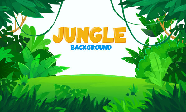 Vector jungle background with space for text. Cartoon tropical forest illustration in landscape view with green palm trees, leaves, vines, lianas and flowers. Floral template for banner or card design