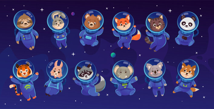 Set of cute animal characters in spacesuits and helmets floating in space: tiger, sloth, bear, panda, cat, fox, koala, dog, raccoon, rabbit, elephant. Collection of cartoon vector cosmonauts.