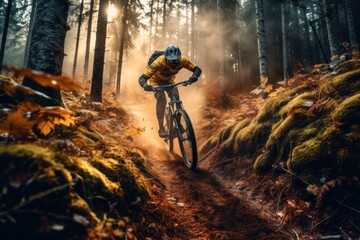 A cyclist races at sunset in difficult cross-country conditions in the forest. Generative AI