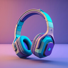 A pair of headphones on Blue and Purple background modernist headphones glowing neon vray