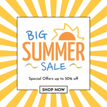 Big Summer Sale Logo in Striped Sunburst Background Yellow and White - Special Offers up to 50% off