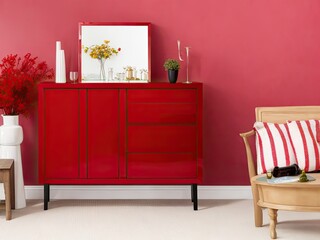 photo wood sideboard in red living room background image