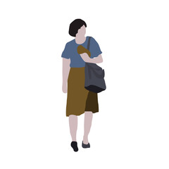 A woman walks down the street in summer clothes. 2D image to use as entourage. Flat city vector infographic.