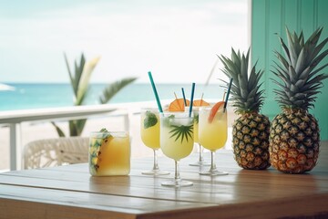 ripe pineapples with cocktails at the bar on the beach near the ocean. summer concept. generative ai.