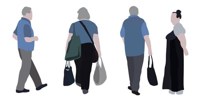 Set of drawings of people on the street in summer clothes. 2D image for use as an entourage. Vector flat city infographics.