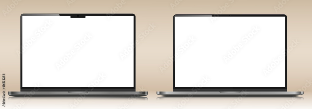 Poster two laptops with white screens on a beige gradient background. a set of realistic laptop layouts in 