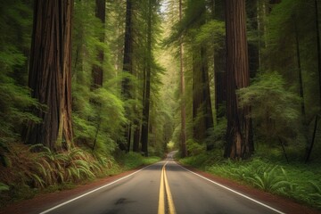 Fototapeta premium a road that goes through an old forest with large trees. generative ai.