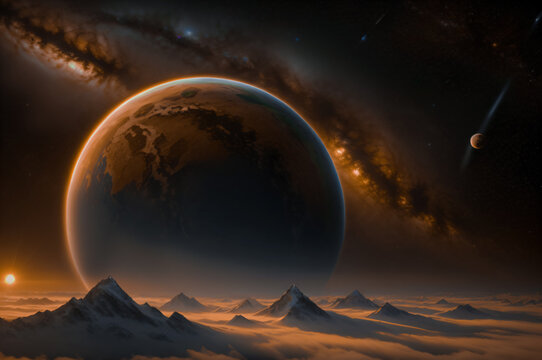 illustrative photo of a planet seen inside another planet at sunrise made by Ai