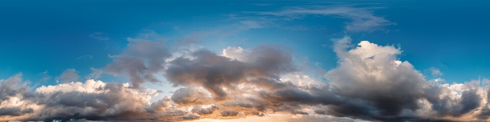 Dramatic sunset sky panorama with bright glowing red pink Cumulus clouds. HDR 360 seamless spherical panorama. Sky dome in 3D, sky replacement for aerial drone panoramas. Weather and climate change.