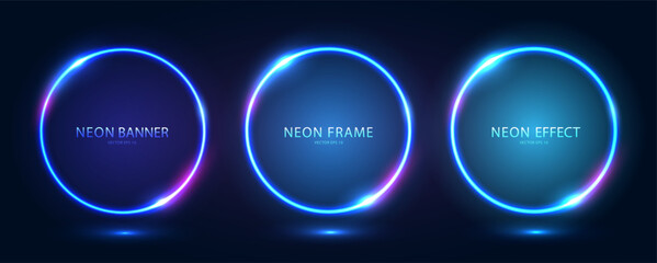 A set of three round neon frames with shining effects and highlights on a dark blue background. Futuristic sci-fi modern neon glowing banners. Vector EPS 10.