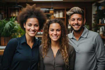 Photo of a business team consisting of two women and one man standing together