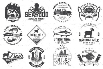 Fresh seafood and rustic milk badge, logo. Vector. Typography design with octopus, shrimp, crab, tuna, squid, cow, milk farm silhouette. Template for seafood, dairy and milk farm business - shop