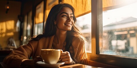  Young Indian woman drinking coffee in cafe generative ai 