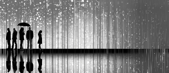 Silhouette of people in rain, isolated, despondent, in the style of mirrored realms, black and white art, wet-on-wet blending. AI Generated