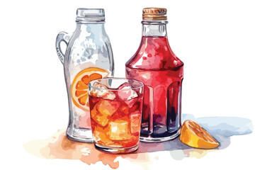 Fototapeta na wymiar Watercolor soft drinks bottom and glass 