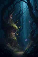 Fototapeta na wymiar A fantasy wonderland in the woods full of magic butterflies. Fairy Tale scene. Generative AI